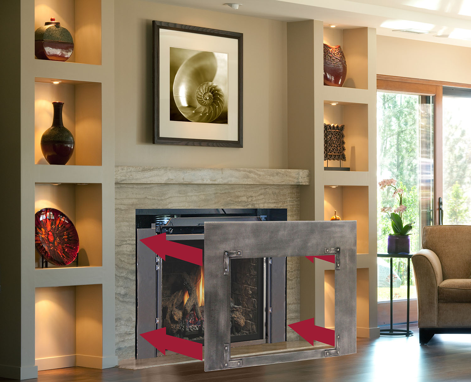 A Stoll Industries fireplace surround that is installed on a fireplace rennovation.