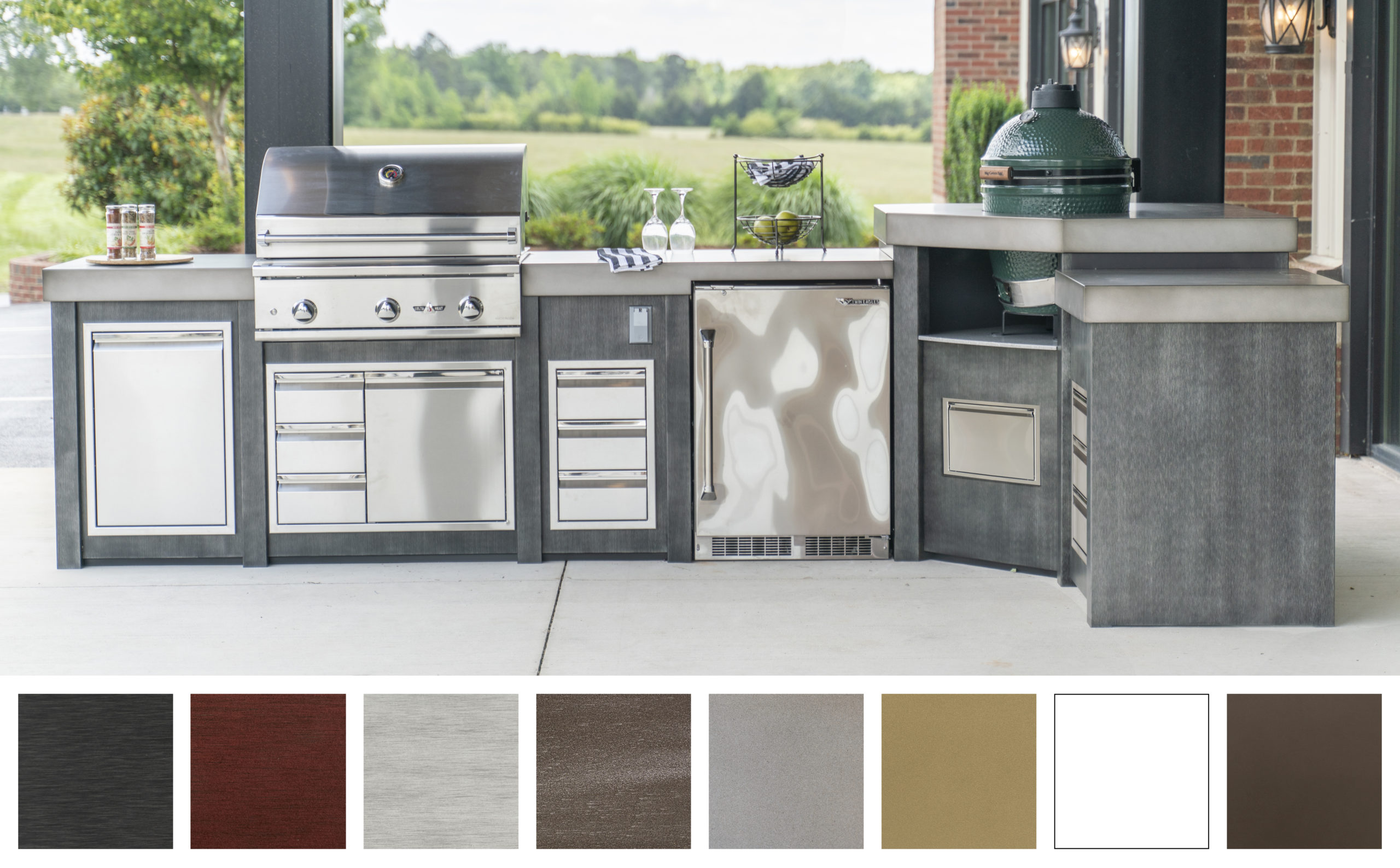 A photo of a Stoll Industries Outdoor Kitchen with seven powder coat finishes.