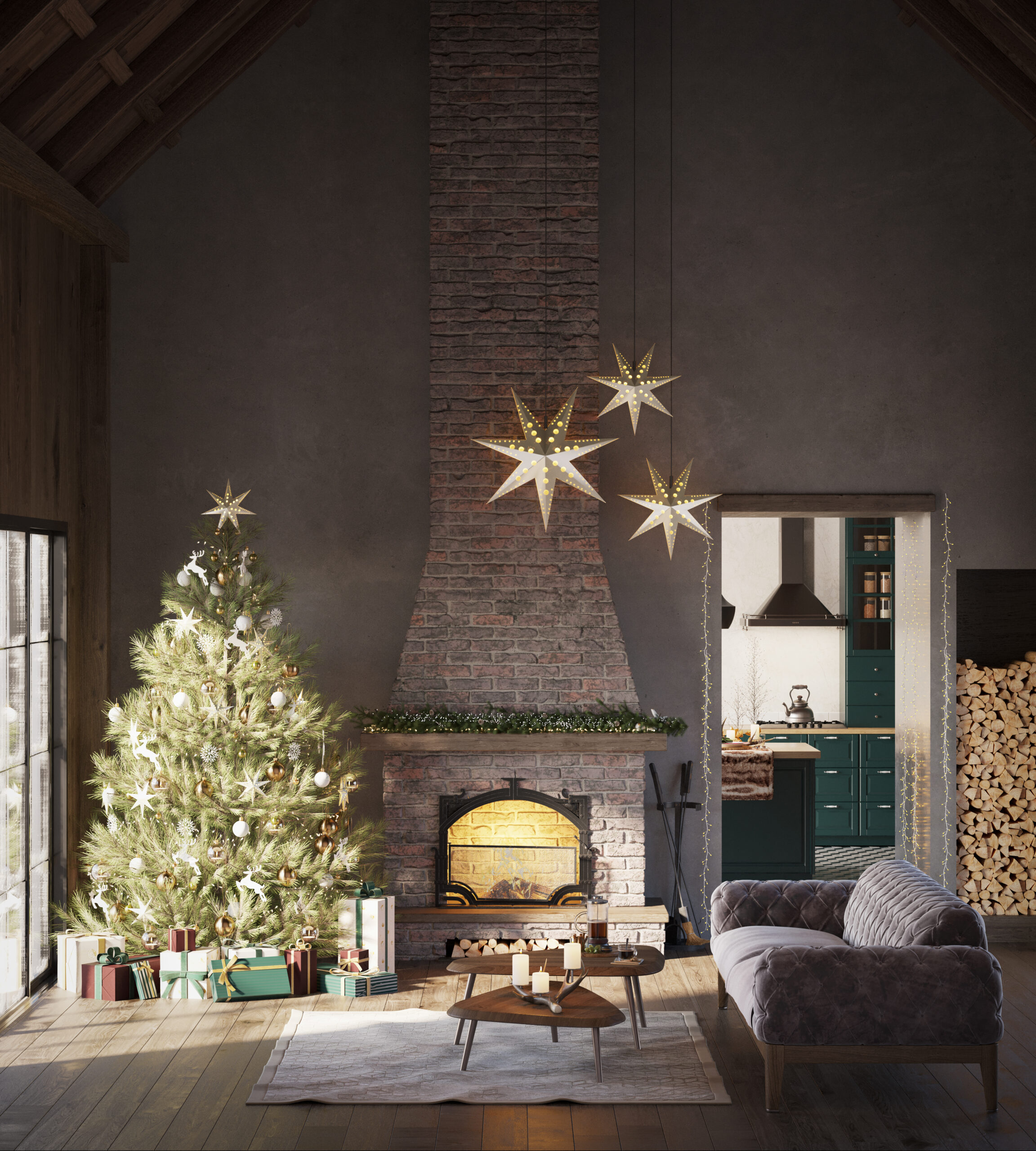Christmas decorated cozy living room with fireplace