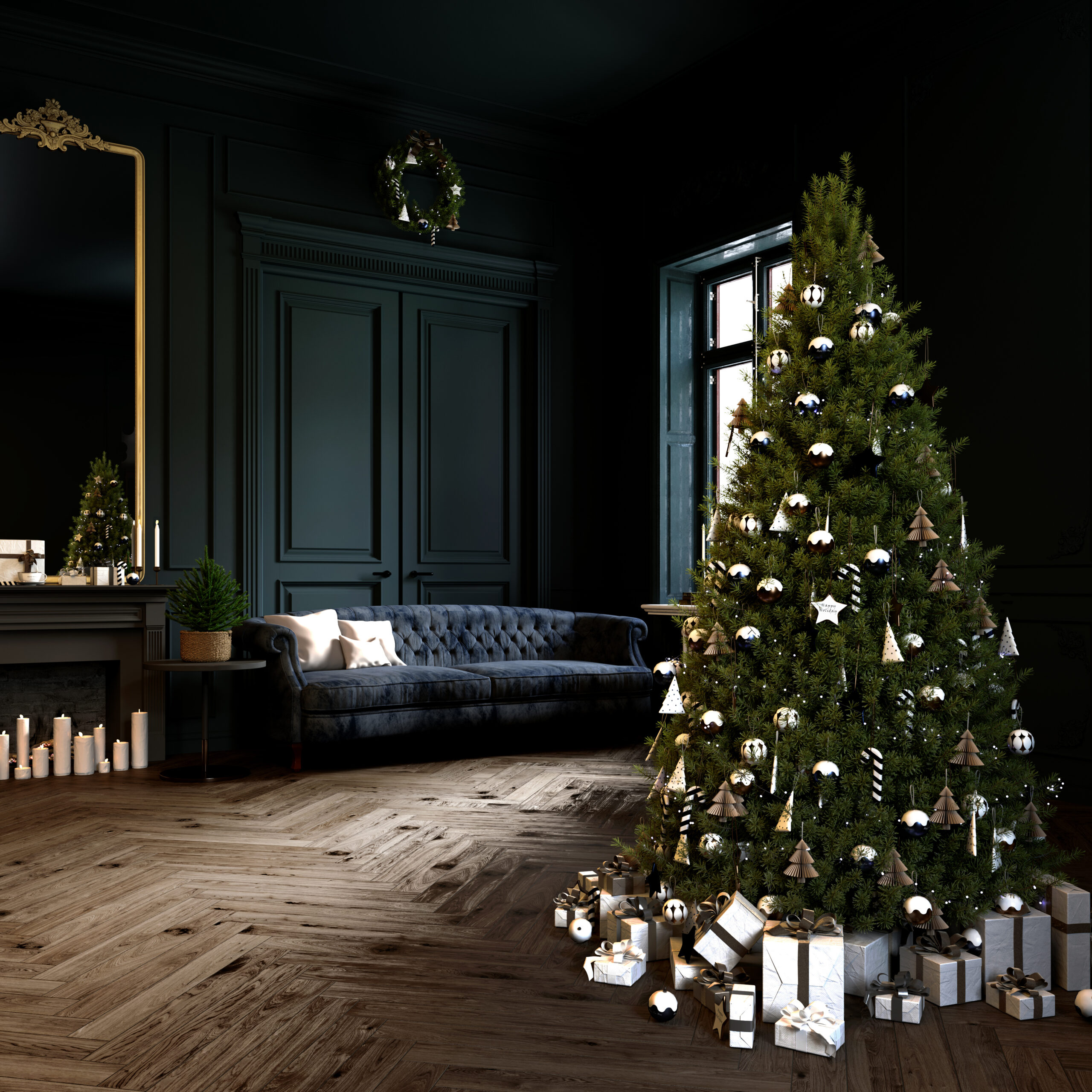 Christmastime living room interior. Black wooden wallpaper in the interior. Christmas background. Classic style. 3d rendering