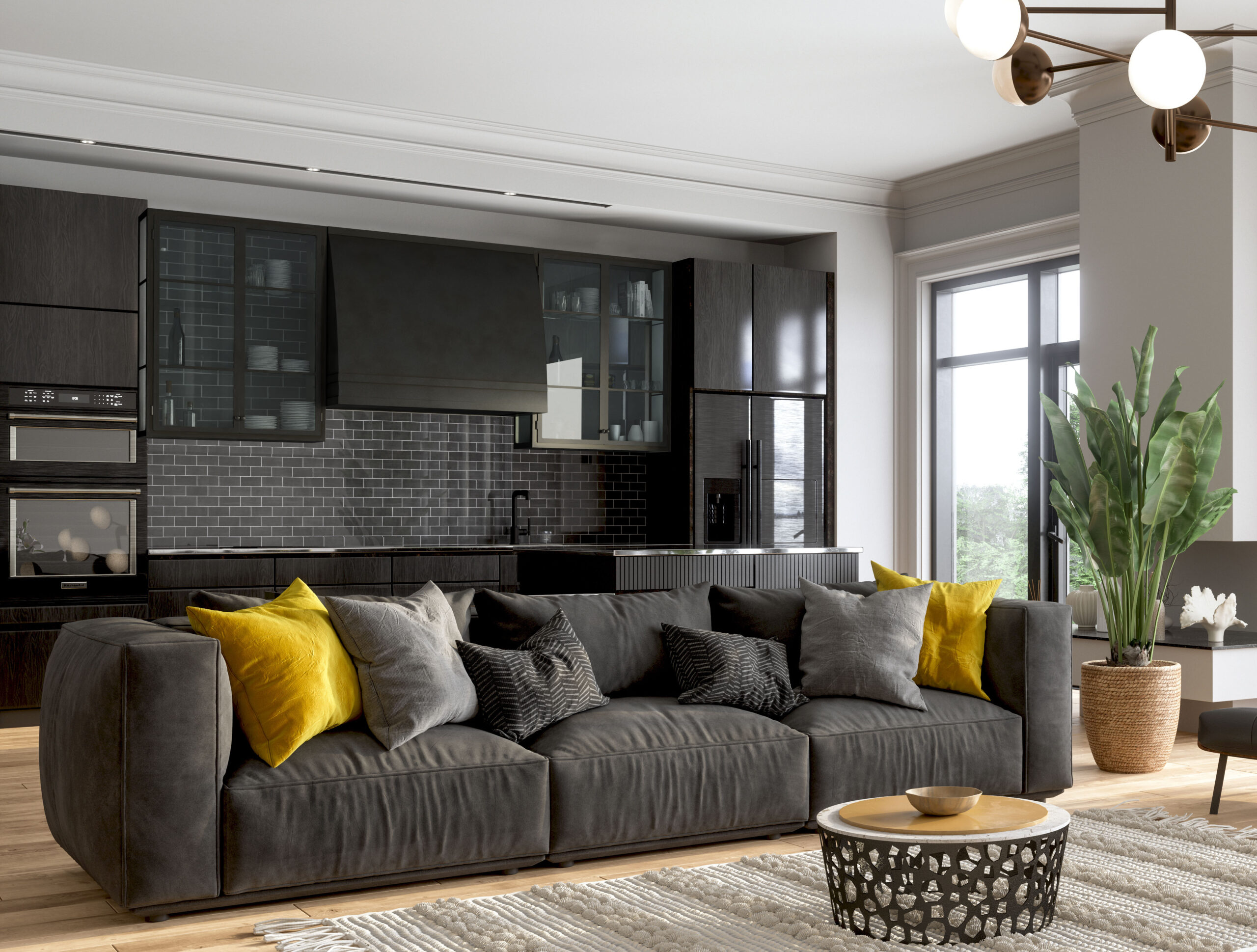 Interior Of Modern Living Room With Black Color Sofa, Armchairs, Potted Plant And Open Plan Kitchen.